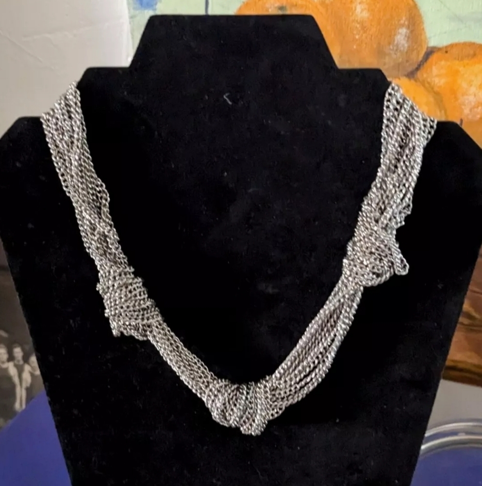 Natasha Silver Tone Multi Curb Strand Knotted Statement Necklace